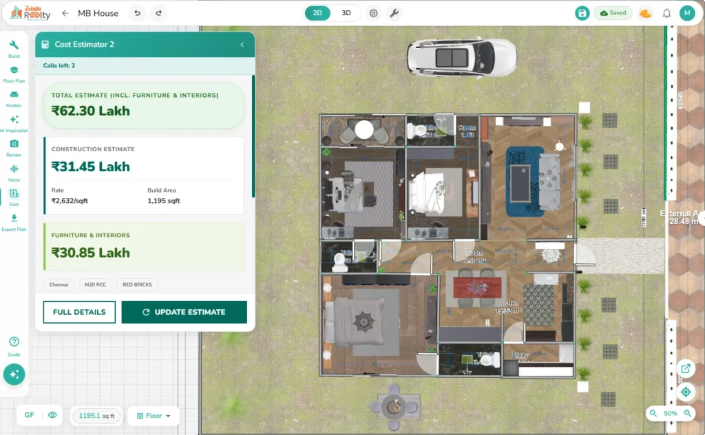 Zlendo Realty AI cost estimator software showing construction and interior cost estimation with an interactive 2D floor plan for accurate home office budget planning.