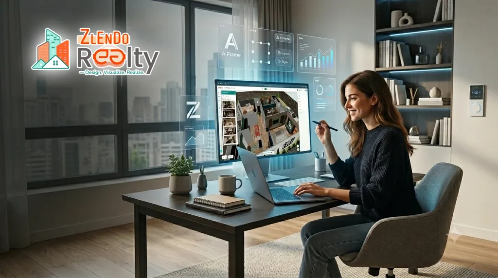 Professional using Zlendo Realty AI home office design software to create, visualize, and customize a productive workspace with 3D interior design and planning tools.