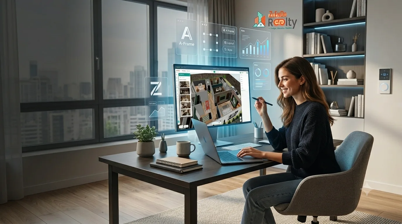 Architect using Zlendo Reality 3D design software to create a photorealistic home model from a 2D floor plan on a computer.