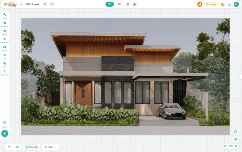 AI-generated modern house exterior design with realistic architectural rendering and 3D home visualization software