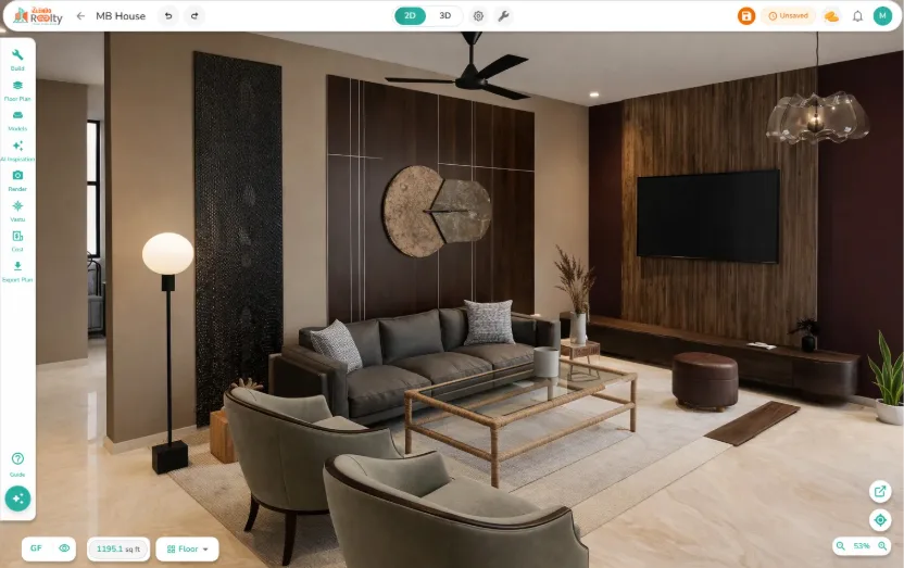 Photorealistic AI-generated modern living room interior design created using 2D to 3D home visualization software
