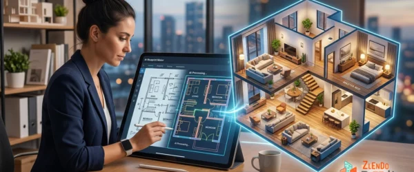 Designer using AI Blueprint Maker to turn a 2D floor plan into a furnished 3D house visualization