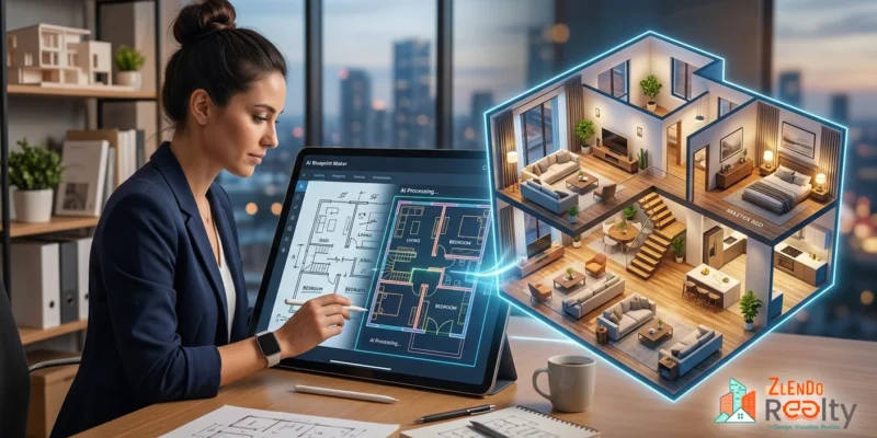Designer using AI Blueprint Maker to turn a 2D floor plan into a furnished 3D house visualization