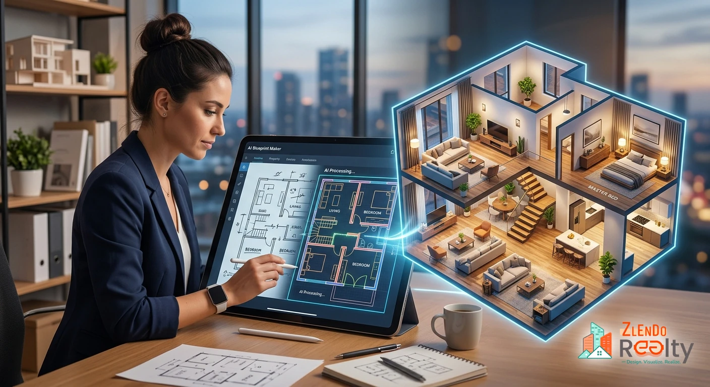 Designer using AI Blueprint Maker to turn a 2D floor plan into a furnished 3D house visualization