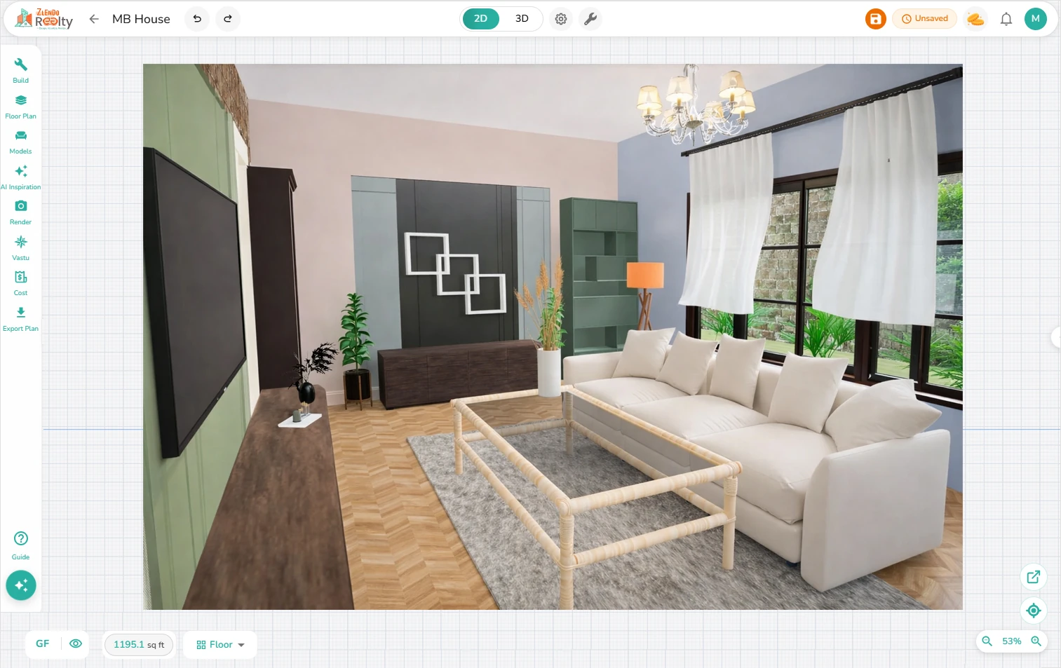 Zlendo Realty living room visualization with a white sofa, glass coffee table, and large windows