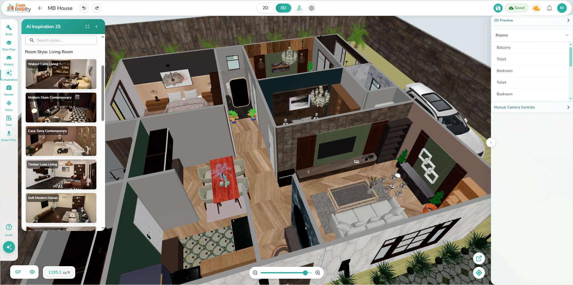 Zlendo Realty 3D home layout showing furnished rooms and AI interior style options