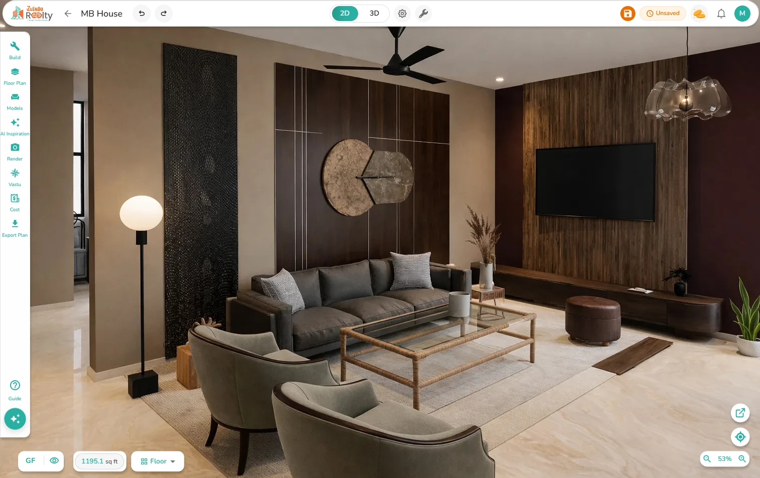 Zlendo Realty living room design with a gray sofa, armchairs, wood wall panels, and a wall-mounted television